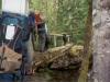 Crossing a bridge made from a fallen log. 